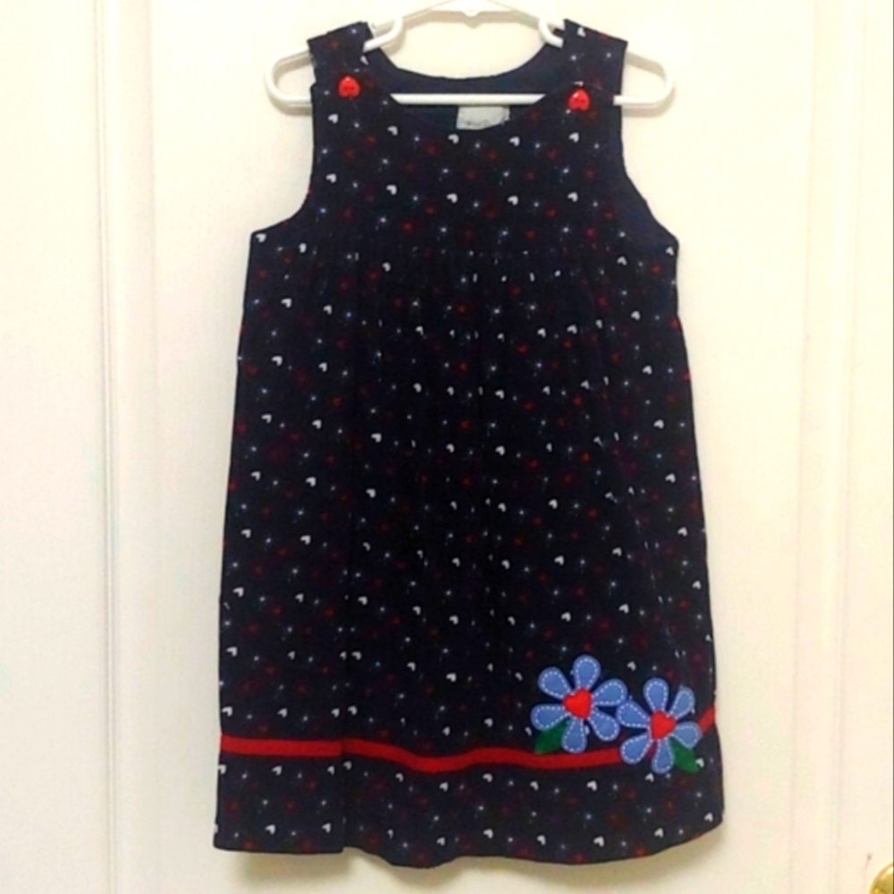 💗 Sophie Rose Navy Blue Pinwhale Corduroy Jumper Dress. Heart print. Size 5 - Picture 2 of 10
